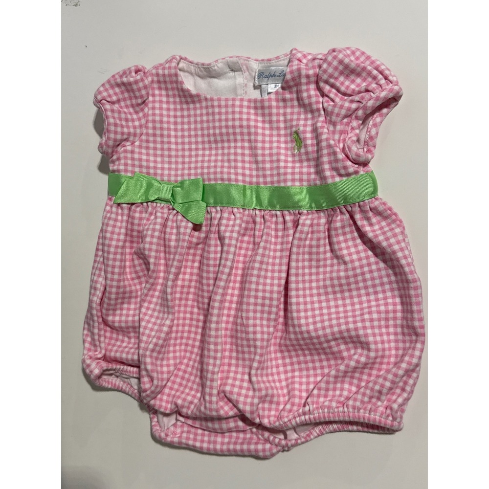 Ralph Lauren Baby Girls Gingham Bubble Romper 3M Pink White Cotton Sunsuit Bow